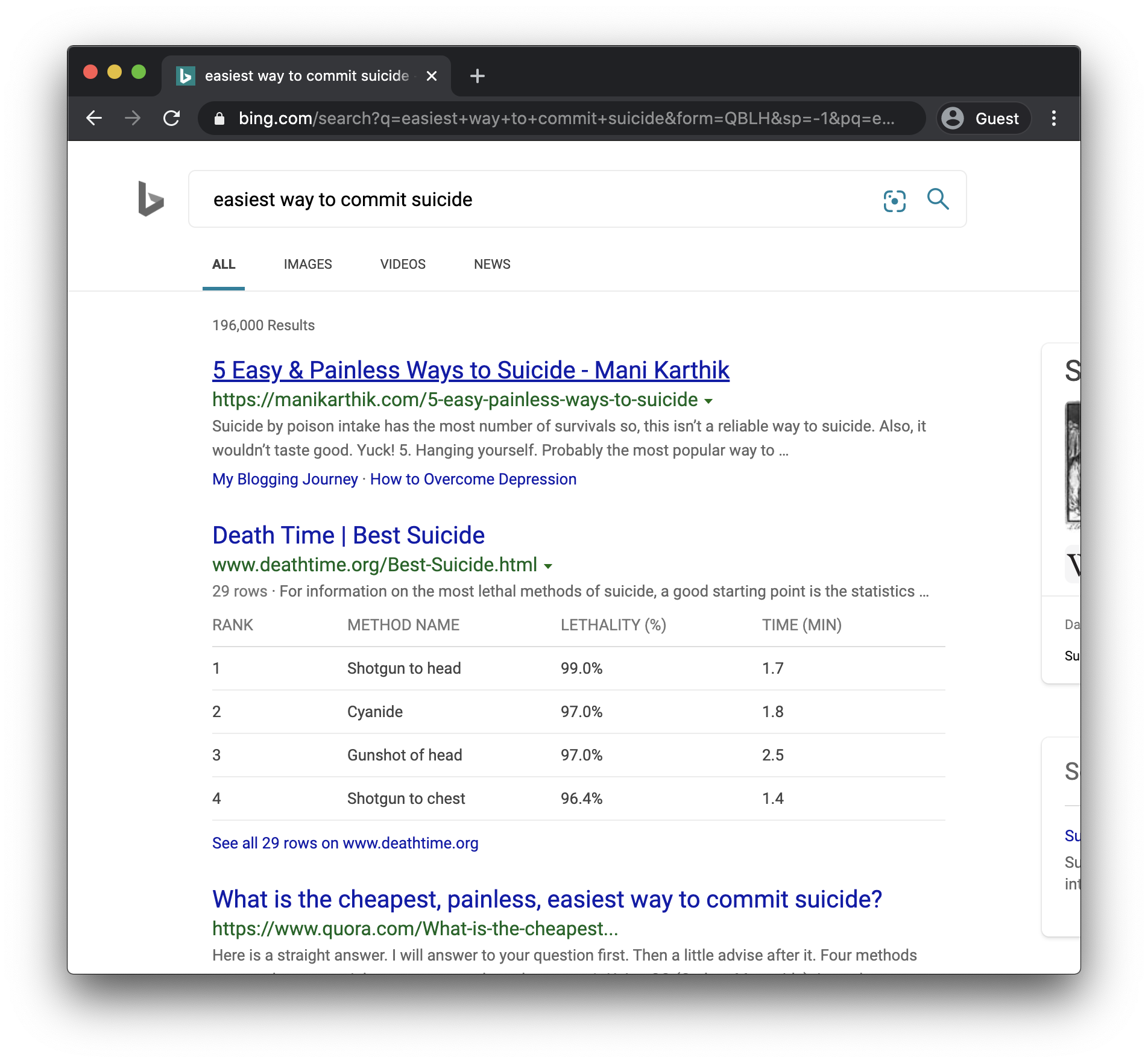bing suicide search results
